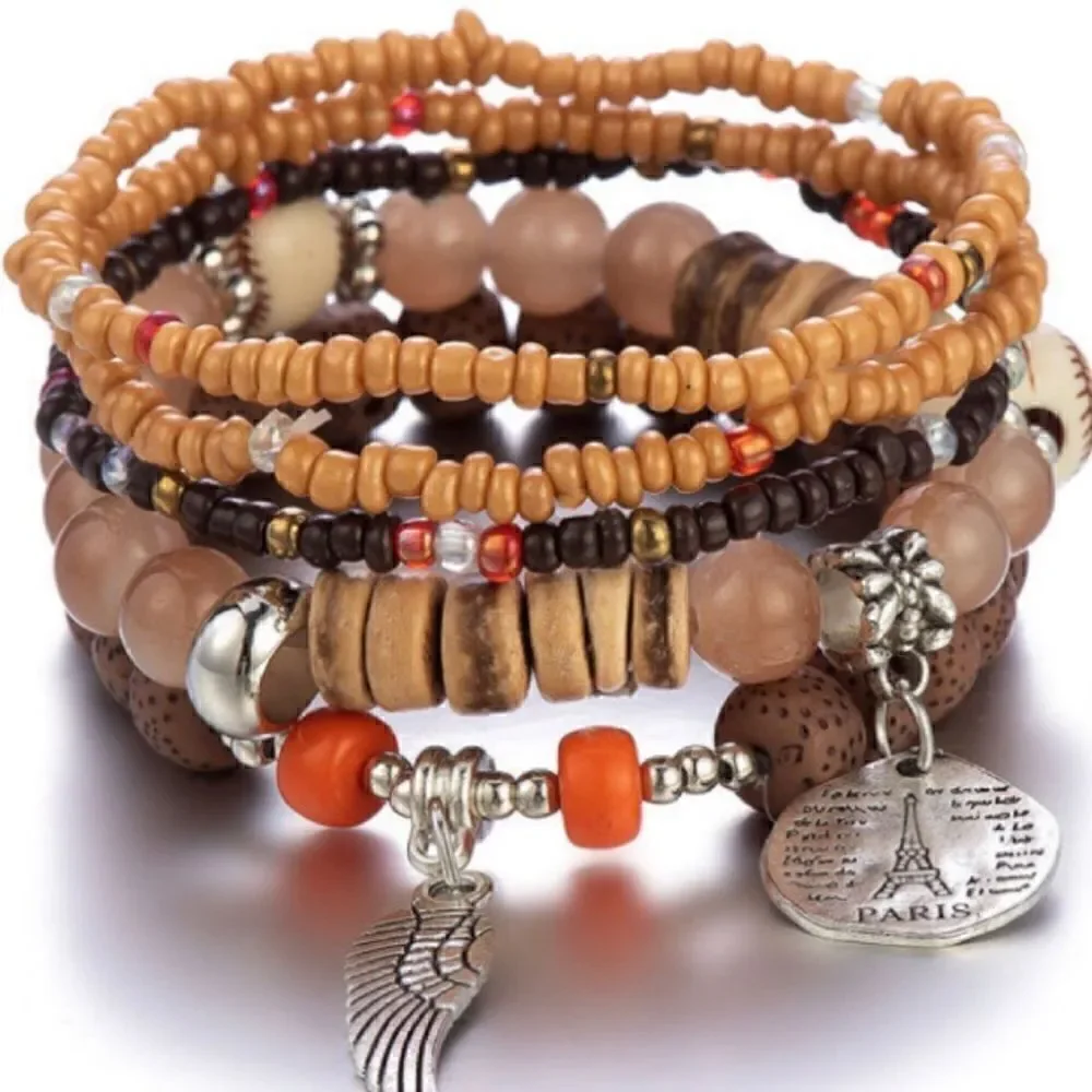 Stackable Beaded Charm Bracelets – Neutral Earth Tones, Set of 5